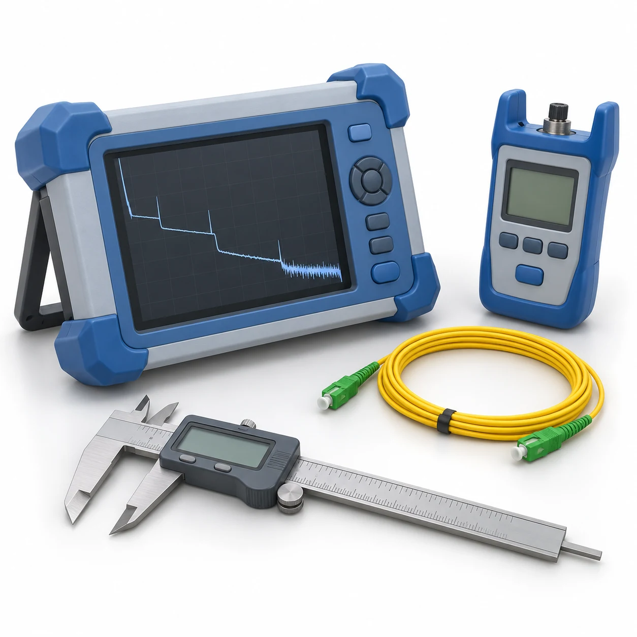 Illustrative 3D examples of an OTDR, optical power meter, patch lead and digital caliper