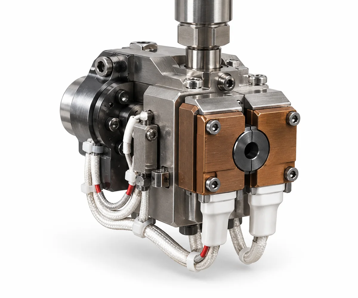 Dual-Layer Crosshead HONGKAI 3D exterior reference for a dual-layer coextrusion crosshead with a color-stripe arrangement