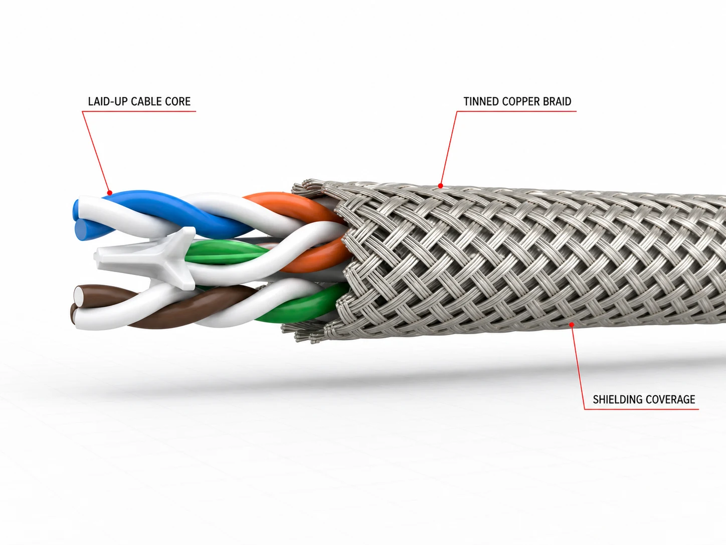 Braided shielding structure around a LAN cable core
