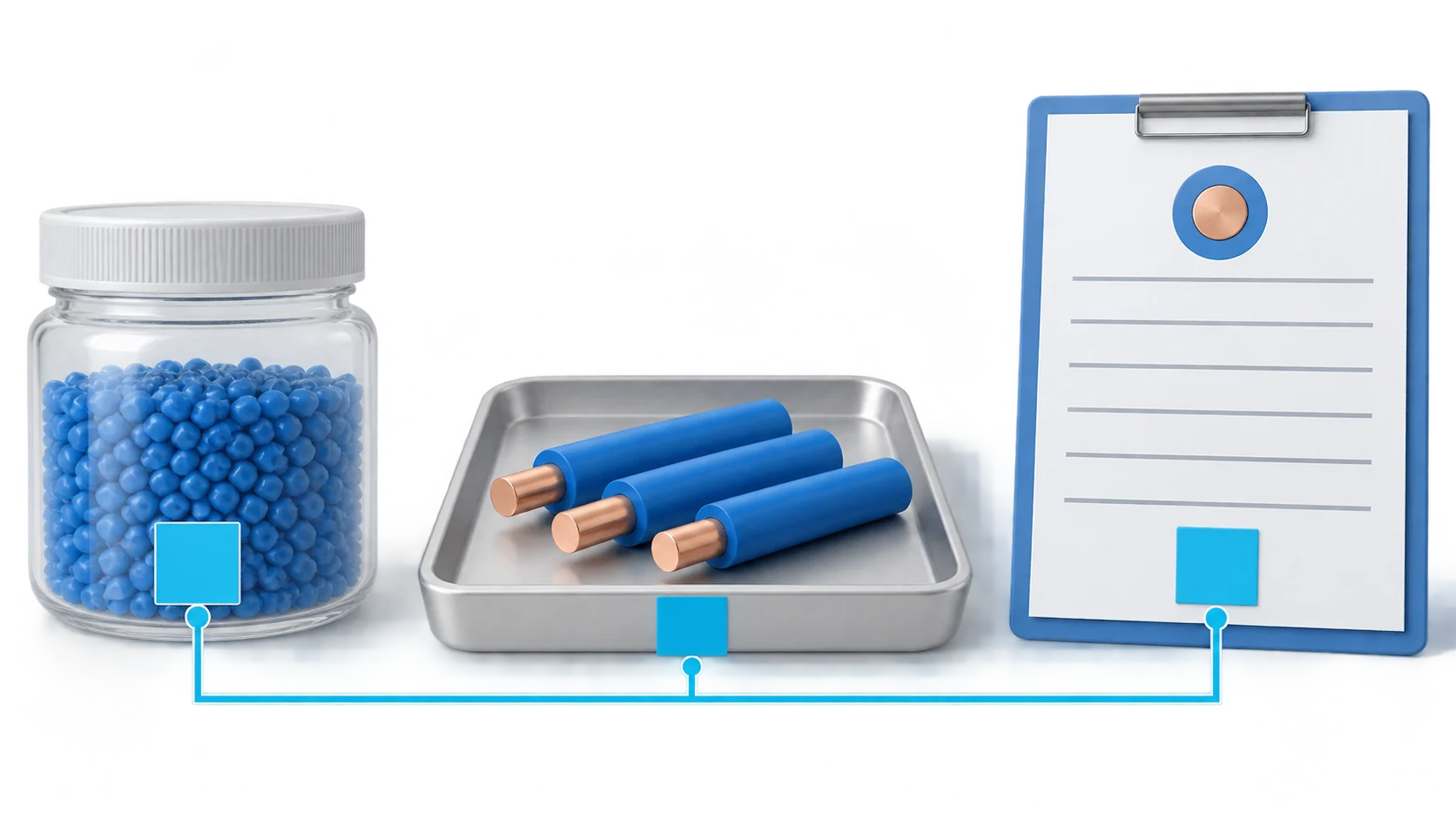 Cable Extrusion Defects: Material, Process Or Machine? 3 AI-generated illustration linking polymer pellets, cable sample sections and a matching production record