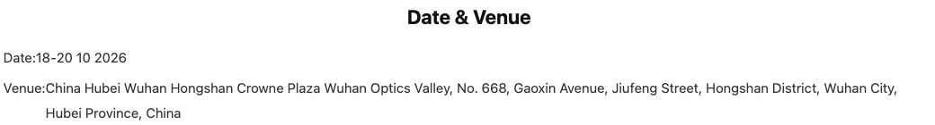 Official Conference Date And Venue English Date and Venue section on the official 2026 optical fibre and cable conference website