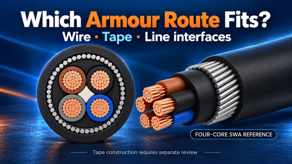 Illustrative four-core steel-wire-armoured cable reference with the question Which Armour Route Fits, not a steel-tape construction or HONGKAI delivery photograph