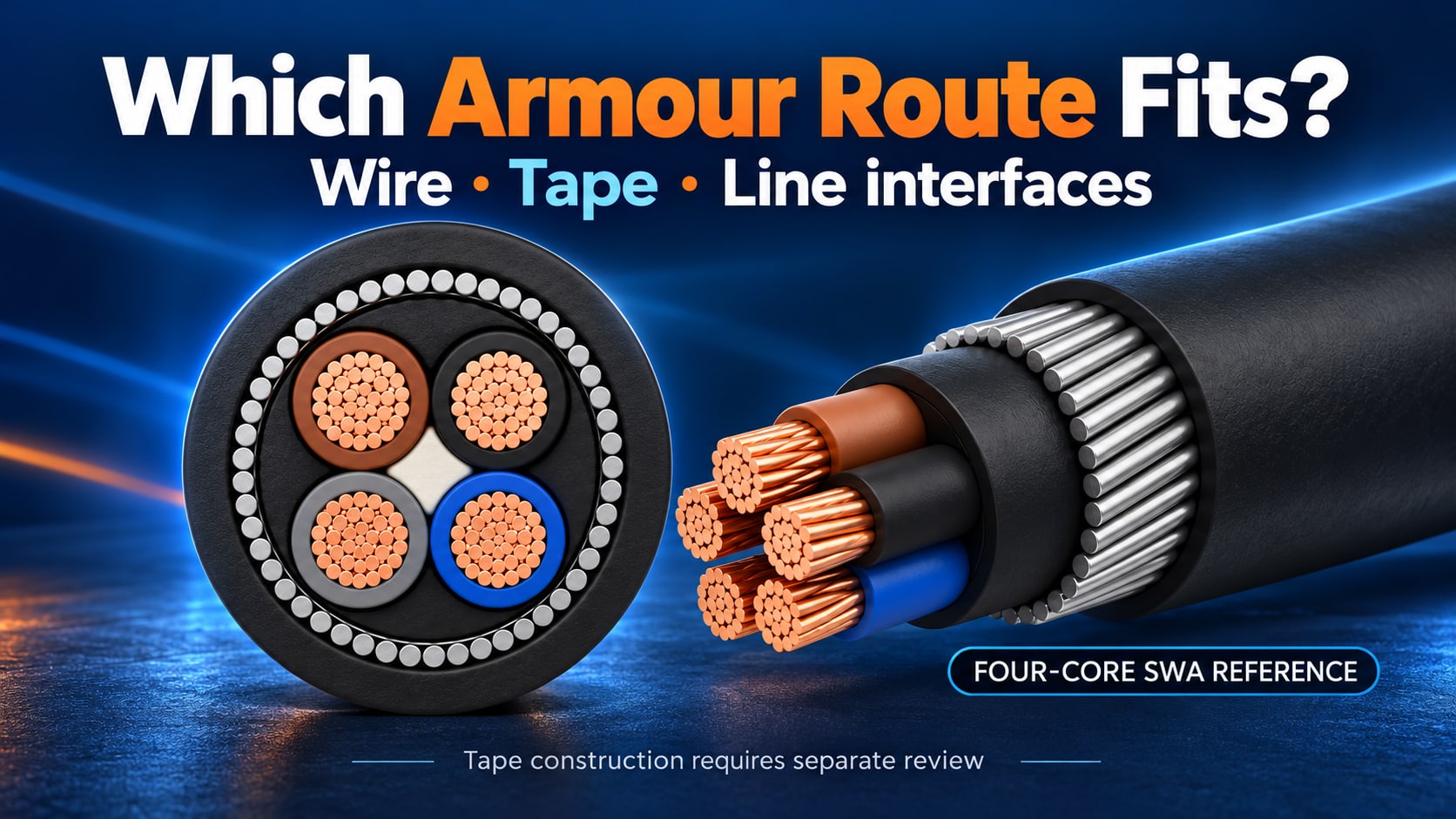 Illustrative four-core steel-wire-armoured cable reference with the question Which Armour Route Fits, not a steel-tape construction or HONGKAI delivery photograph