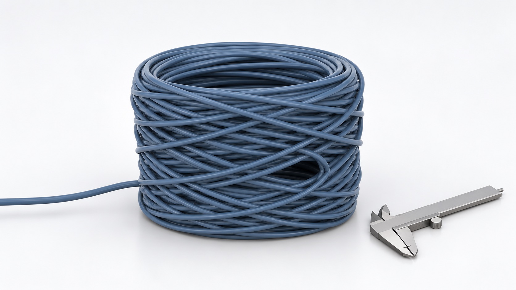 Illustrative 3D network-cable coil with an open center beside an unmarked caliper
