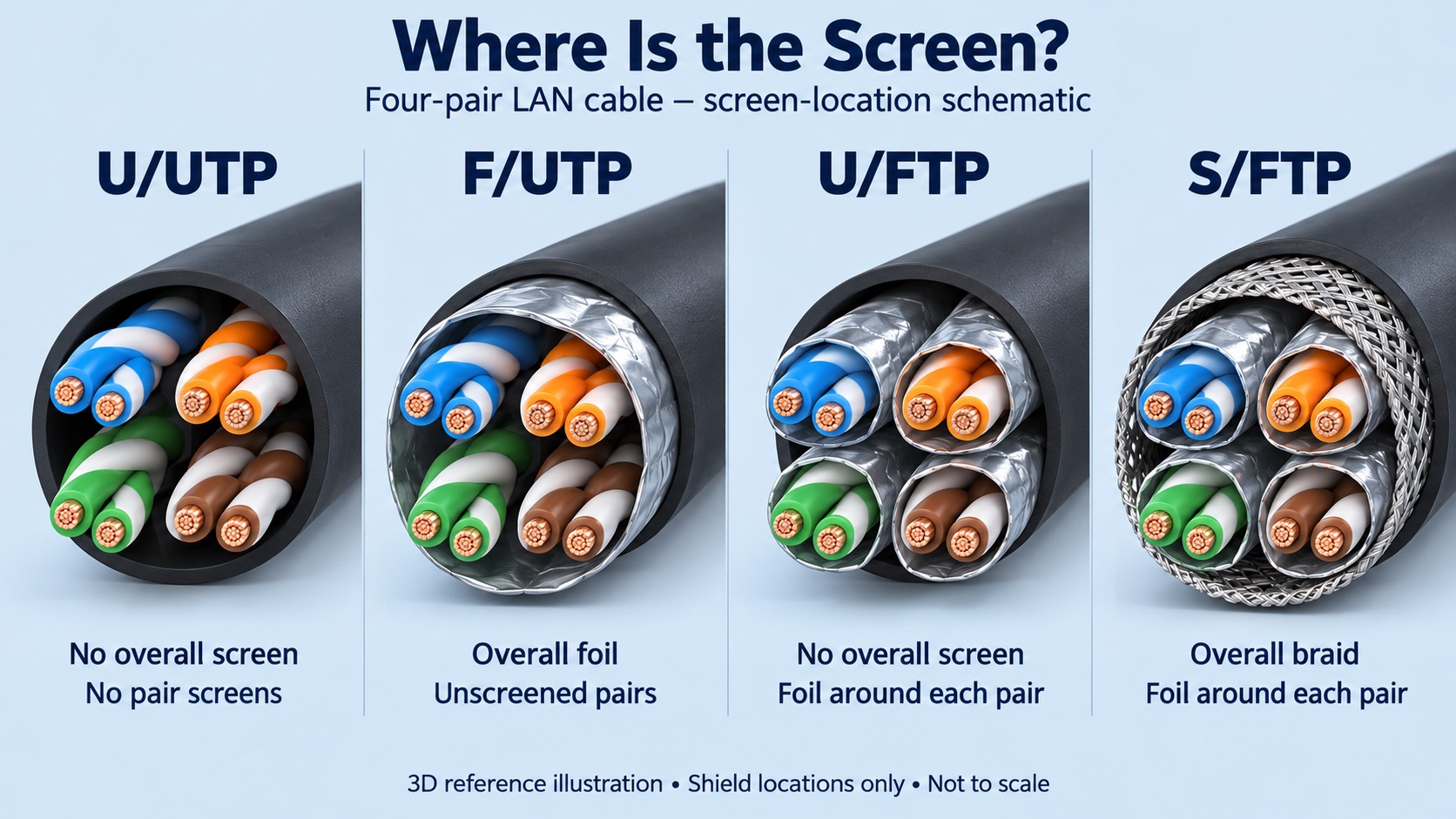 3D reference comparison of U/UTP, F/UTP, U/FTP and S/FTP four-pair LAN cable screen locations
