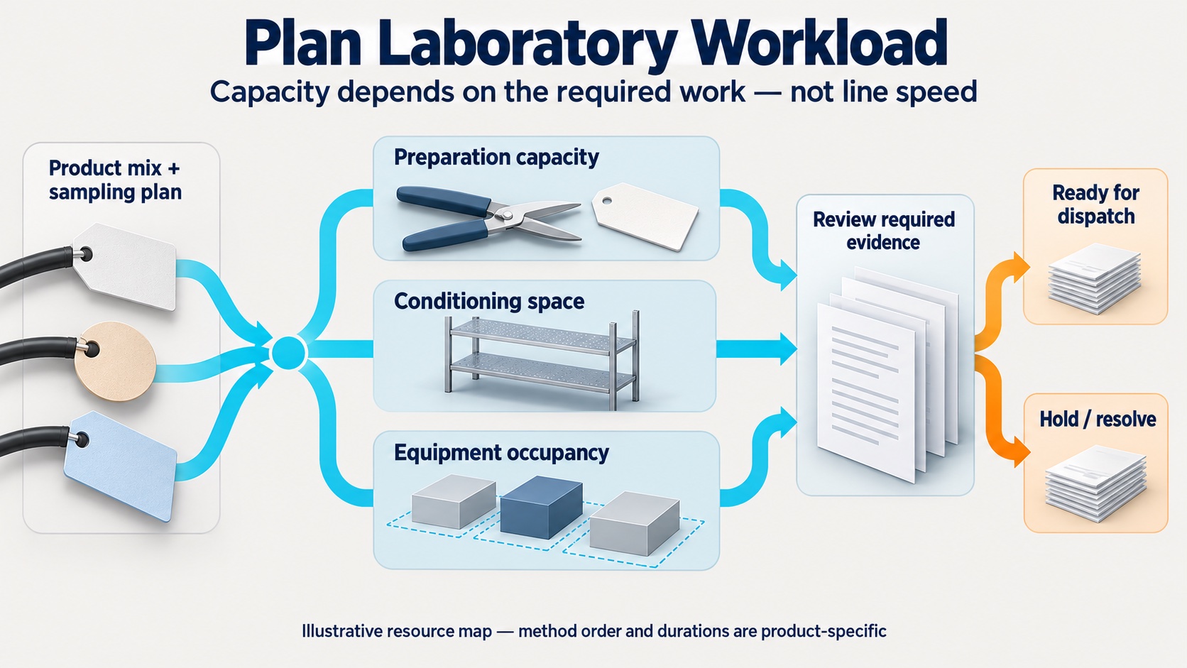 Illustrative resource map relating product mix and sampling to preparation capacity, conditioning space, equipment occupancy, evidence review and a dispatch or hold decision
