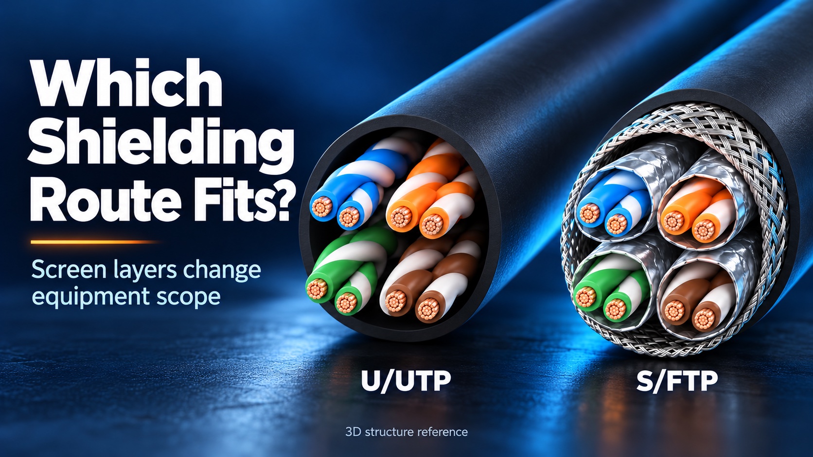 Illustrative U/UTP and S/FTP cable cutaways for comparing shielding production routes.
